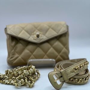 Chanel Tan calfskin Quilted turn lock waist belt Bag with crossbody strap